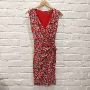 Ralph Lauren Faux Wrap Dress Womens 6 M Red Blue Floral Print Sleeveless Stretch